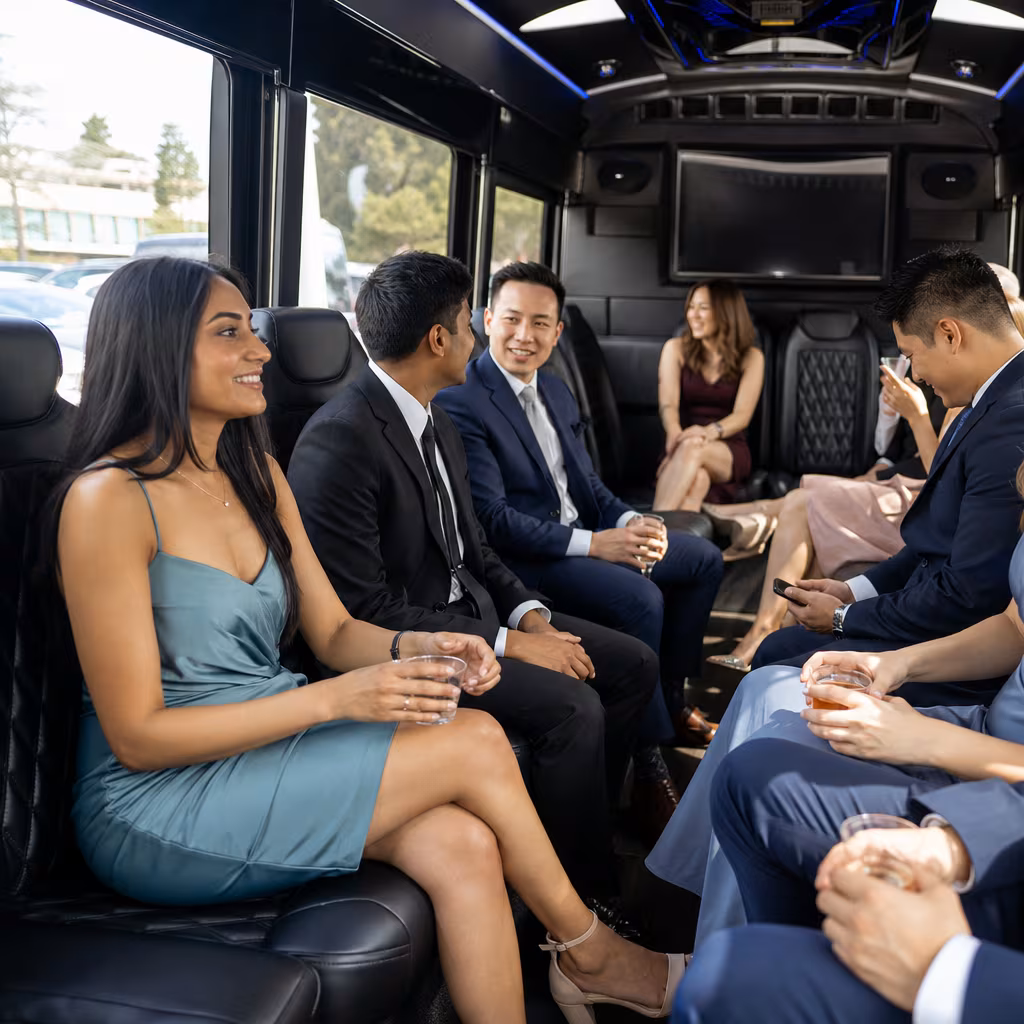 Wedding guests seated inside a San Francisco party bus