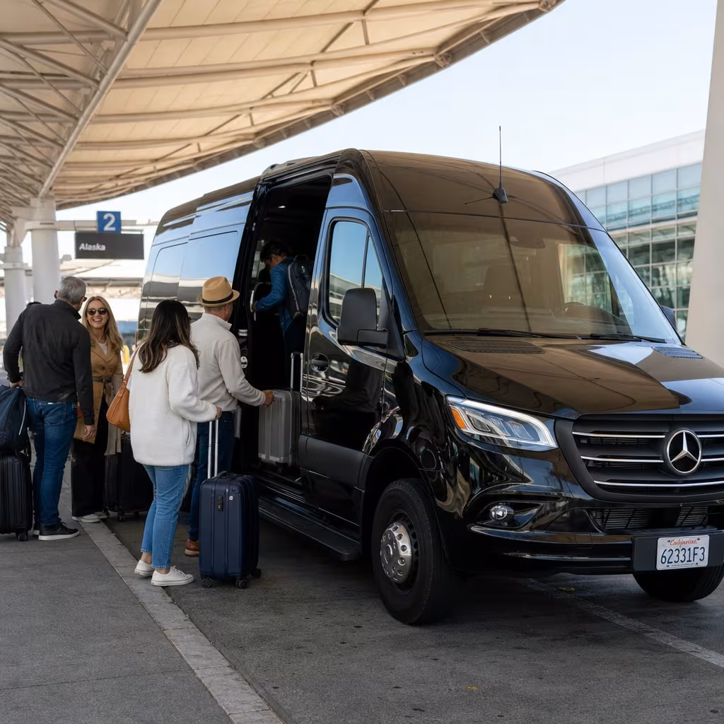 Group boarding a white charter bus for Airport Transportation transportation in San Francisco
