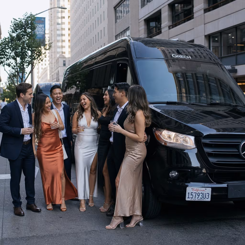 Group boarding a white charter bus for Bachelor & Bachelorette Transportation transportation in San Francisco