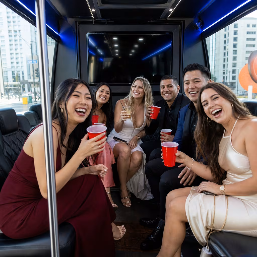 Party bus interior with wraparound leather seating and LED lighting in San Francisco