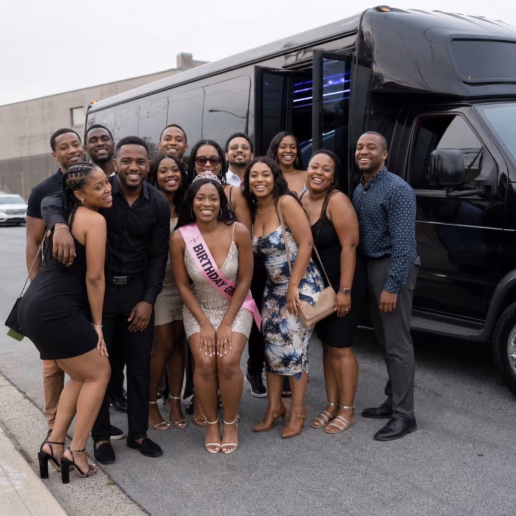 Party bus interior with wraparound leather seating and LED lighting in San Francisco
