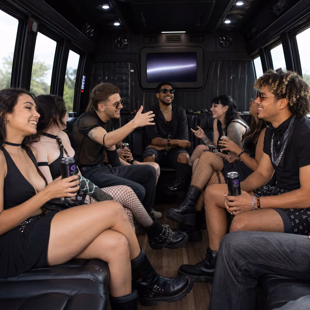 Group boarding a white charter bus for Concert Transportation transportation in San Francisco