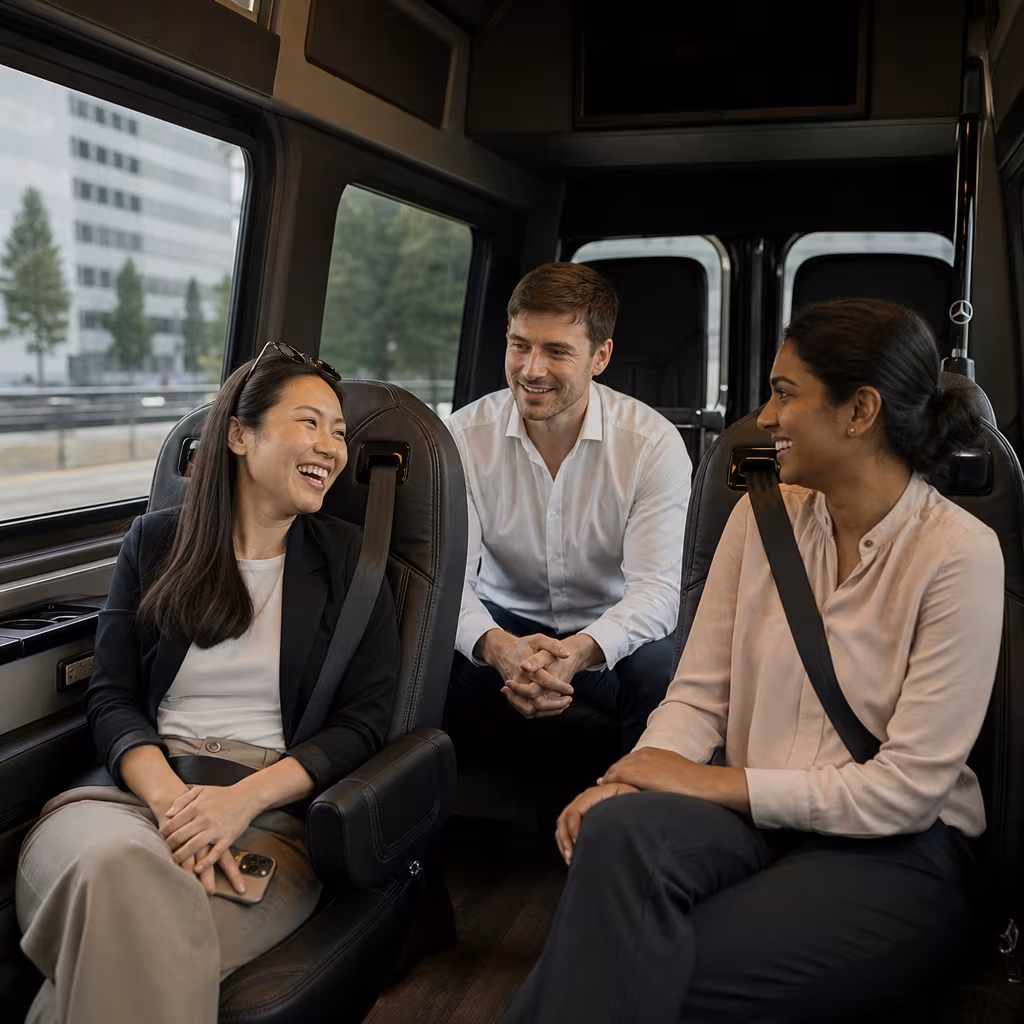 Group boarding a white charter bus for Corporate Transportation transportation in San Francisco