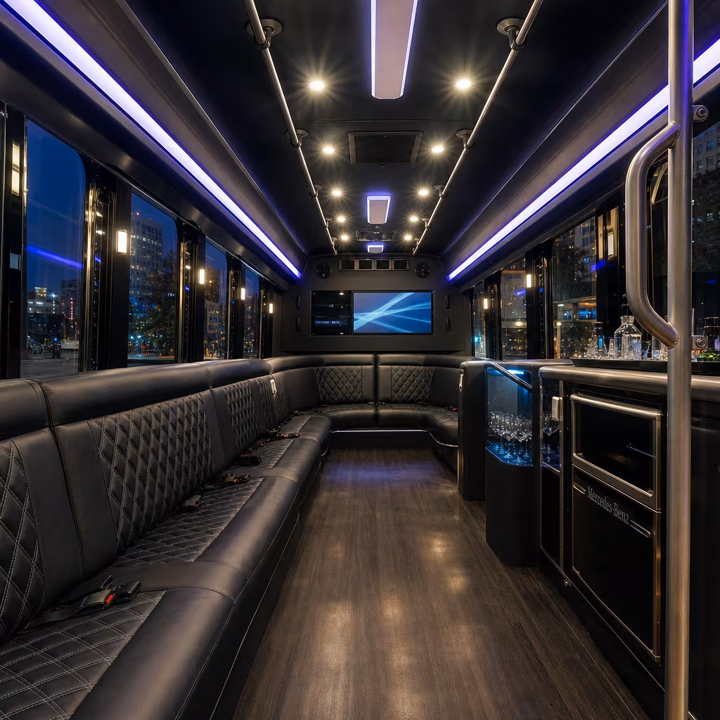 Party bus interior with wraparound leather seating and LED lighting in San Francisco