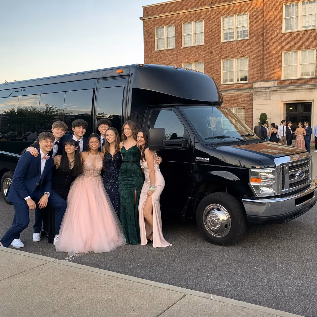 Group boarding a white charter bus for Prom & Homecoming Transportation transportation in San Francisco