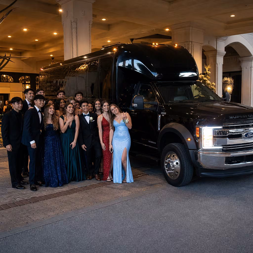 Party bus interior with wraparound leather seating and LED lighting in San Francisco