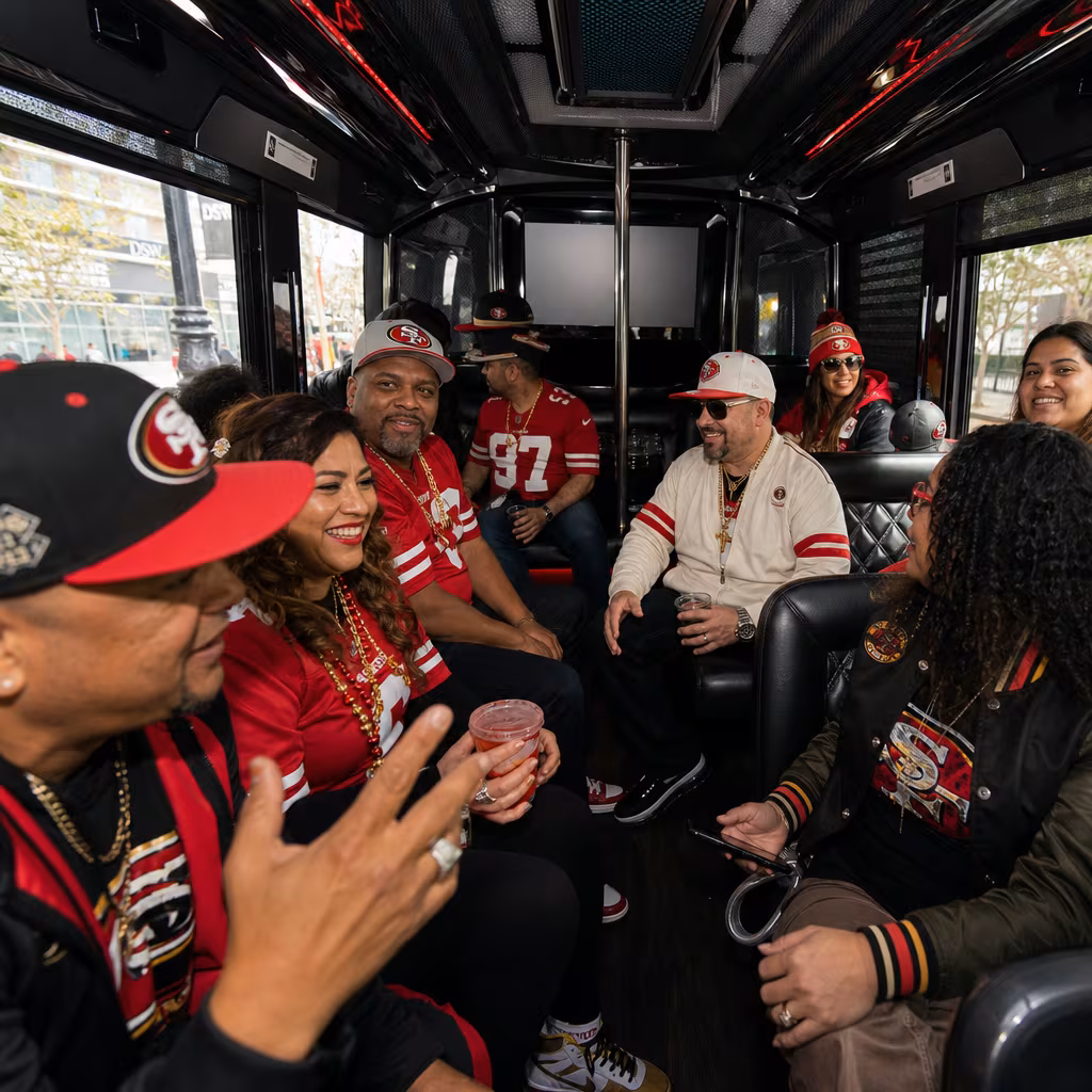 Group boarding a white charter bus for Sporting Event Transportation transportation in San Francisco