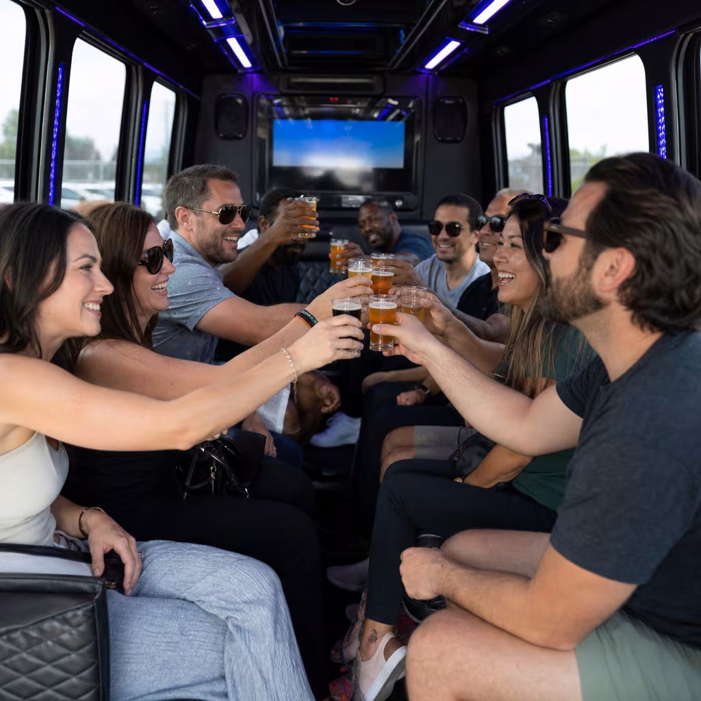 Group boarding a white charter bus for Winery & Brewery Tour Transportation transportation in San Francisco